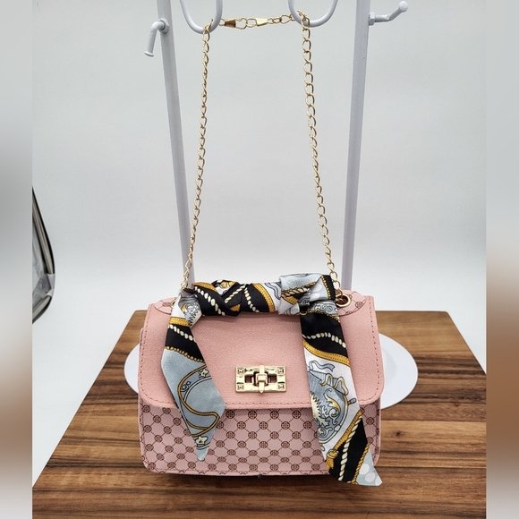 Handbags - Cute Pink Handbag with Scarf Accent w/adjustable Gold Chain Strap